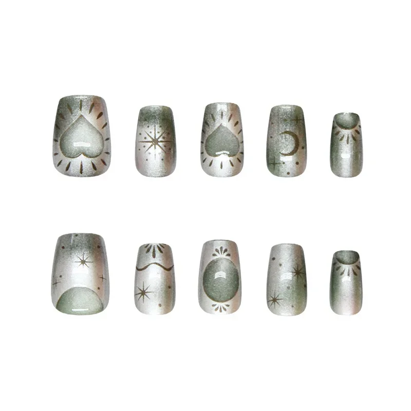 Faux ongles à tête carrée courte, motif fleur, œil de chat étoile, amour, ballet portable, presse finie, N64.Tips, 10 pièces