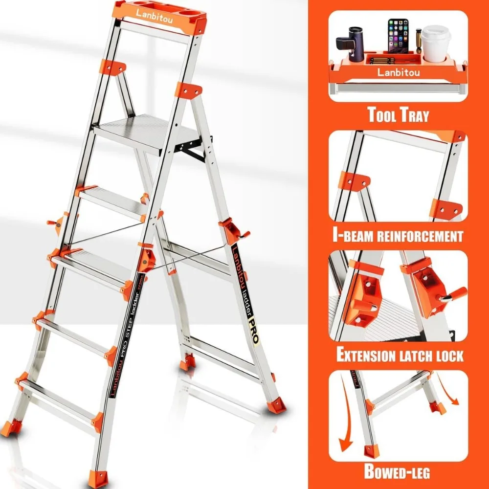 Ladder, Aluminium 5 Treden Ladder Met Leuningen, Antislip Breed Pedaal, Gereedschapsplatform, Opklapbare Opstapladder Voor Trappen