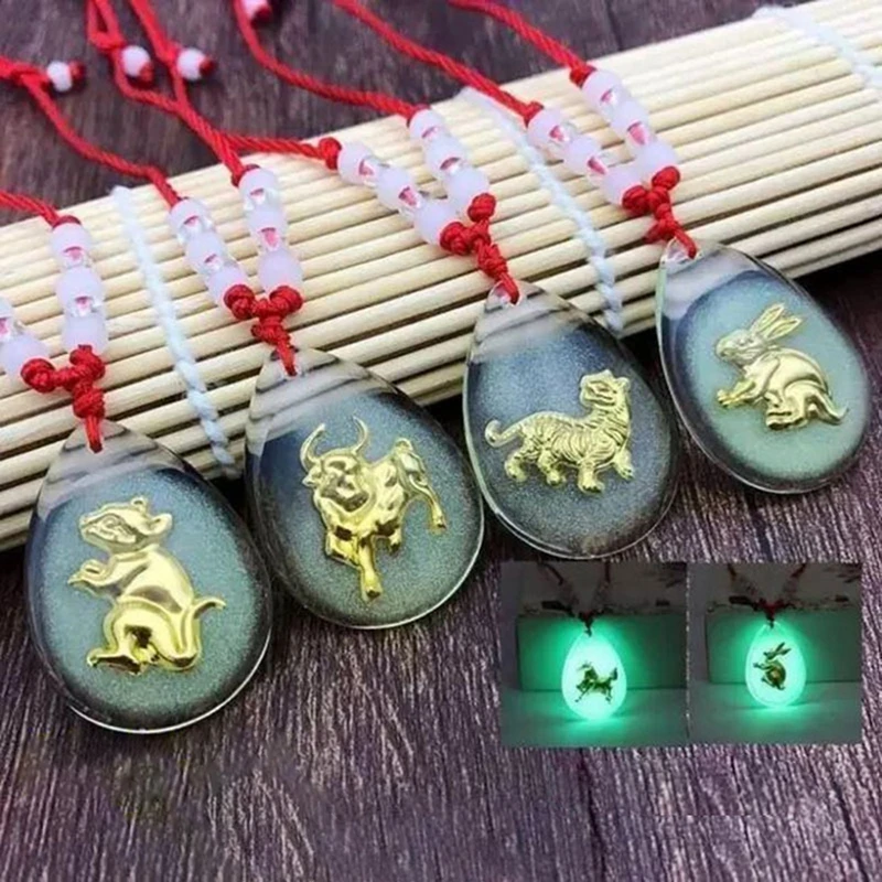 12 Chinese Zodiac Sign Luminous Beads Pendant Necklace For Women Men Constellation Animal Crystal Choker Lucky Gift