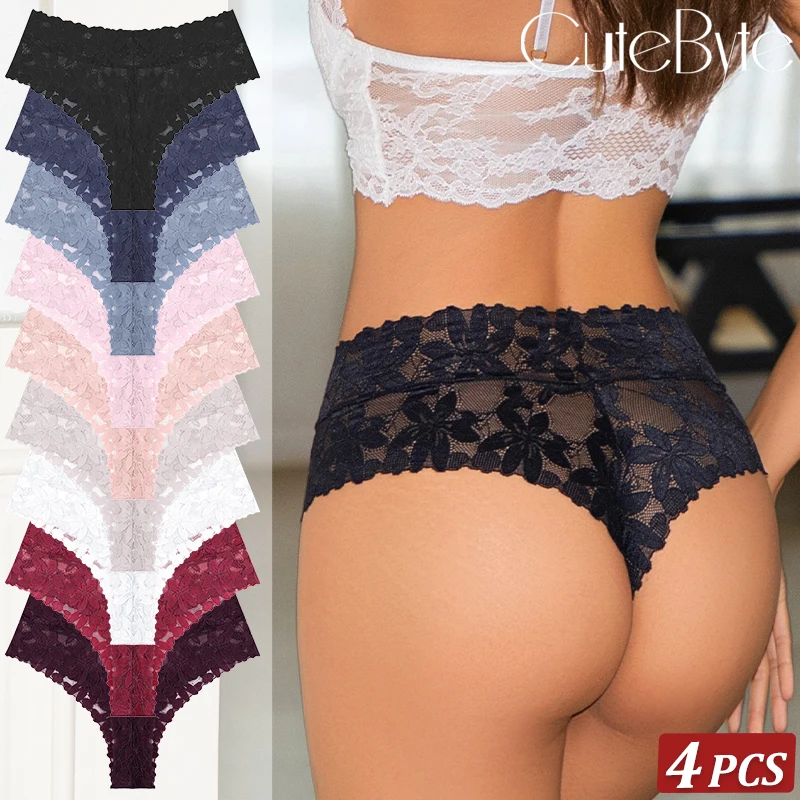 4er-Set Damen Sexy Spitzen-Slips mit Niedriger Taille, Sexy Blumenmuster-Unterwäsche, Atmungsaktive Transparente Dessous