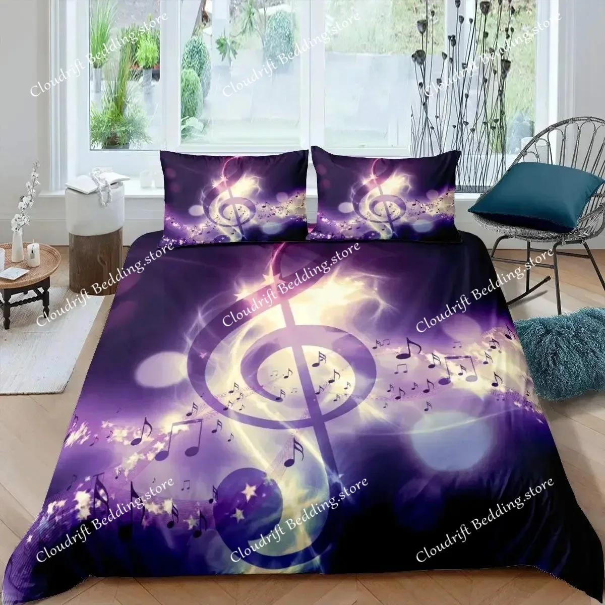 

3D Print Music Notes Duvet Cover Set Queen Size Purple Musical Theme Bedding Set Gold Shiny Comforter Cover for Kids Girls Adult