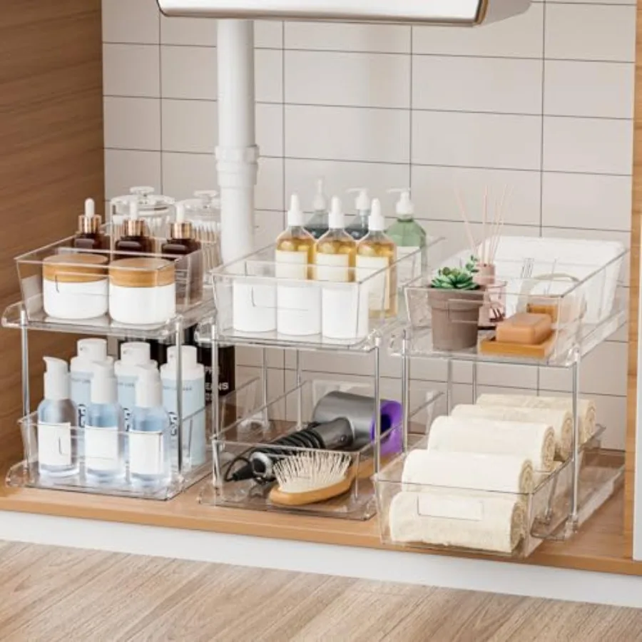 

Pack Pull-Out Home Organizers Tier Clear Bathroom Organizer with Dividers Multipurpose Vanity Counter Tray Kitchen Closet Organ
