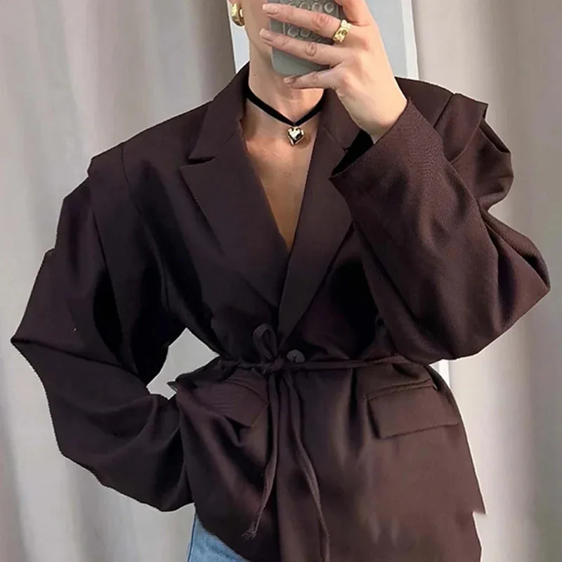 Fashion Solid Lace Up Blazer Women Lapel One Button Loose Waist Cinching Short Coat 2025 Autumn Office Lady Commute Outerwear