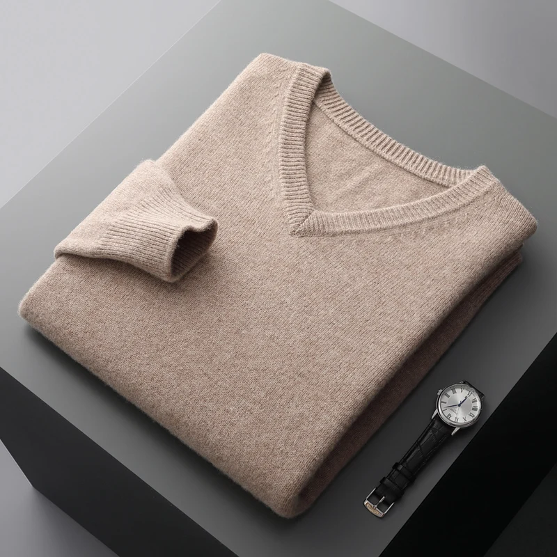 100% merino wool men\'s V-neck double thick solid color pullover sweater knitted bottoming shirt in autumn and winter