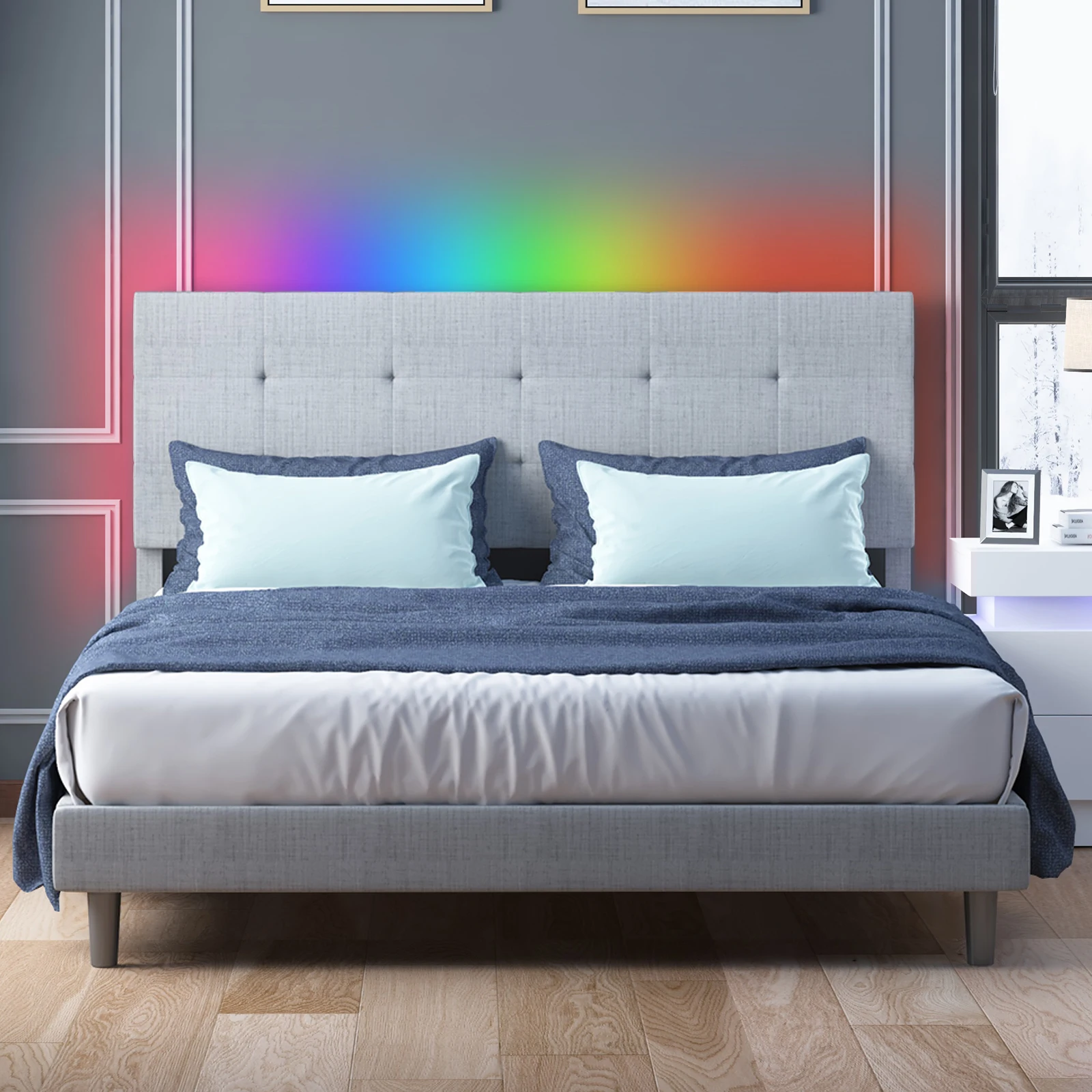 HORGAEO Bed Frame with Smart RGB LED Lights Button Tufted Bed Frames with Adjustable Headboard Linen Fabric