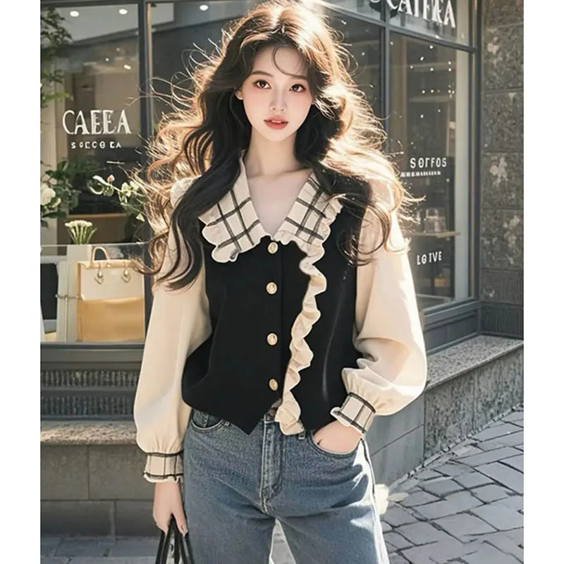 

Ladies French Sweet Fashion Contrast Stitching Shirt Spring New Lace Short Design Comfortable Single-Breasted Fashion Shirt Top
