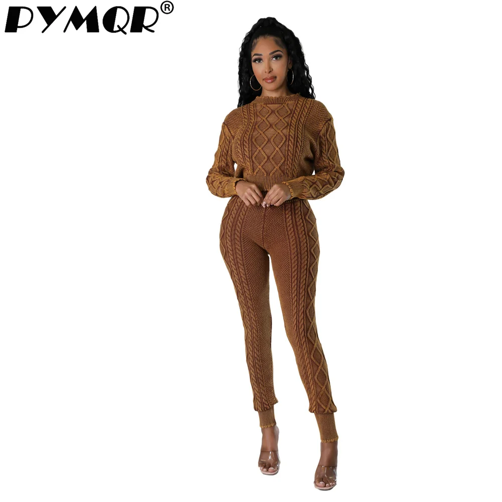 PYMQR New Vintage Knitted Sweater Set Women 2 Piece Set Long Sleeve Round Neck Water Washed Fried Dough Twists Pullover Suits