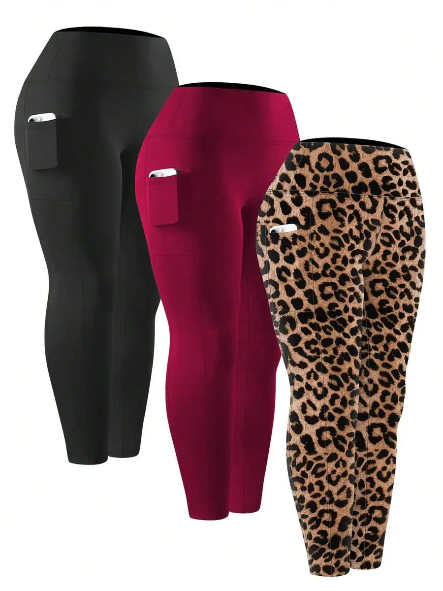 3PC Plus-Size Solid Color Yoga Pants, With Pockets, Comfortable And Form-Fitting, Four-Way Stretch, Good Elasticity, Suitable