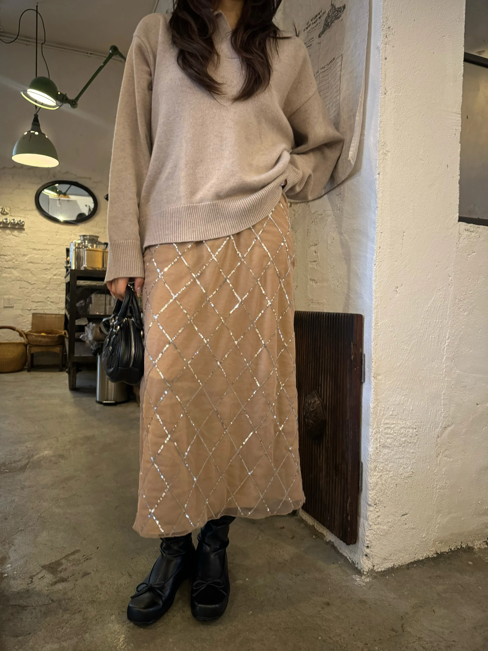 

Юбка миди цвета шампань с пайетками и сложной отделкой, блестящая, женская, модная, осенне-зимняя, из полиэстера, на молнии