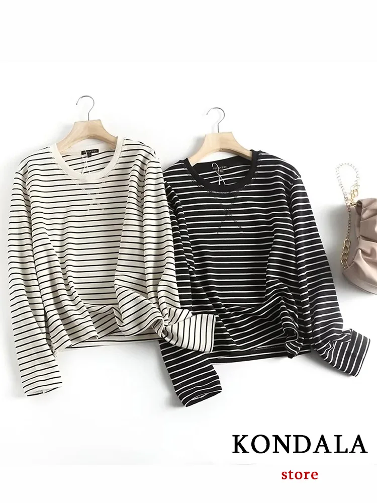 KONDALA Vintage Striped Print Chic Women Bottoming Shirt Long Sleeve O-Neck Regulai Fit Shirt Fashion 2023 Spring Blouses Tops