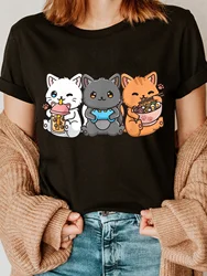 고양이 프린트 크루 넥 티셔츠 여름 & 봄용 반팔 캐주얼 탑 여성 의류 셔츠 탑 Camisetas Mujer
