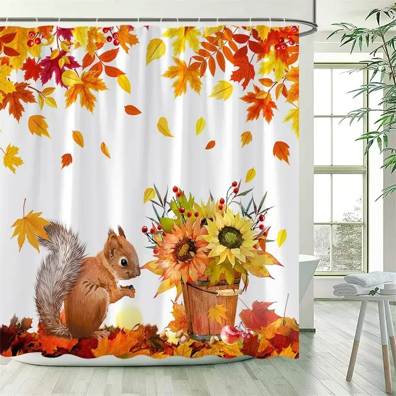 Fall Maple Leaves Shower Curtains Rustic Farm Truck Sunflower Pumpkin Squirrel Autumn Thanksgiving Bathroom Decor Set With Hooks