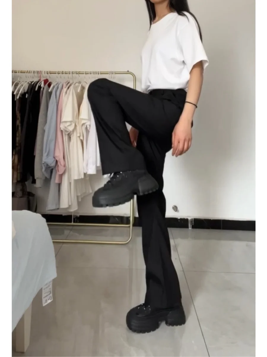 Hoge Taille Rechte Pijpen Fce Gevoerde Wijde Pijpen Broek Dames Afslanken Drapey Pak Broek Lange Lengte Koreaanse Sle Pendelen Wind