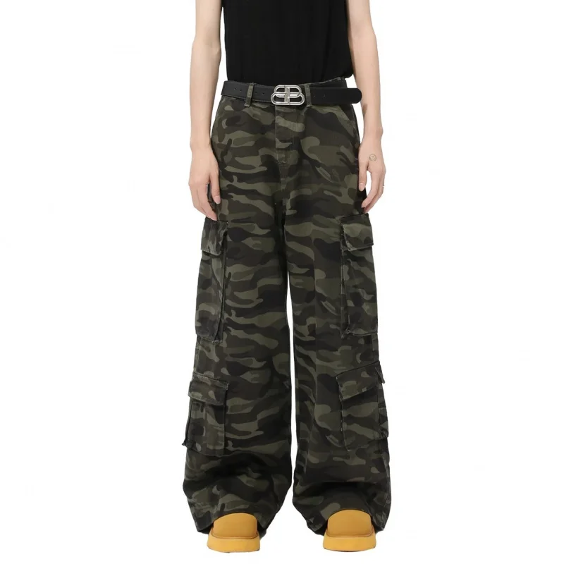 

New Men's Jeans Washed Camouflage Multi-pockets Straight Wide Leg Male Droop Denim Pants New Stylish