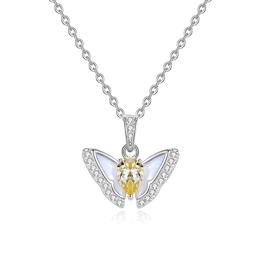 

New White Fritillary Butterfly Necklace Women's Fashion Light Luxury Design S925 Silver Yellow Diamond Pendant Clavicle Chain