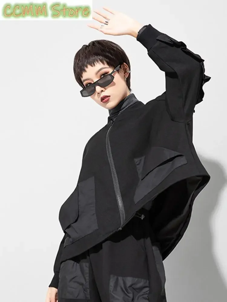 Loose Fit Black Pocket Ruffles Big Size Jacket New Stand Collar Long Sleeve Women Coat Fashion Autumn Winter