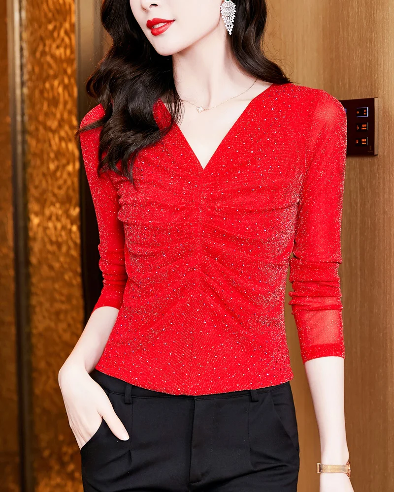 Spring Summer All-match Woman Sweet Knitted Solid Silm Commute Long Sleeve T-shirt Diamond Set Fashion Mesh V-neck Fold M-3XL