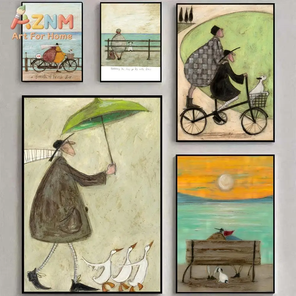 AZNM Whimsical Wind Figure Duck Dog Canvas Wall Art, Vintage Folk Bicycle Seaside Painting Print, Living Room Gallery Home Decor