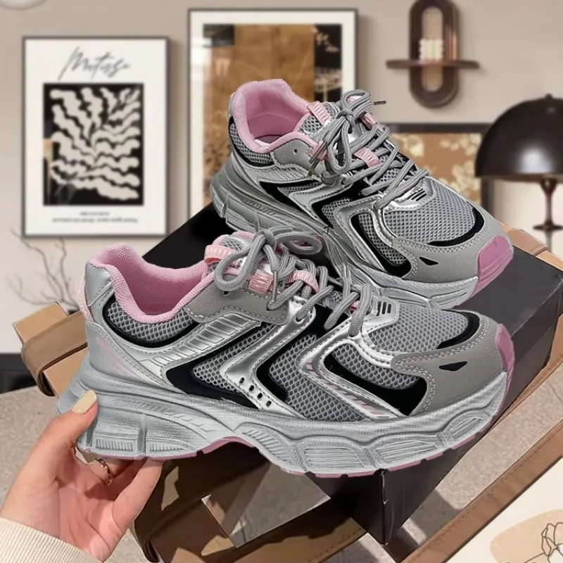 

Кроссовки женские на платформе, Нескользящие кроссовки на толстой нескользящей подошве, спортивные туфли розового цвета для студентов, осень 2024