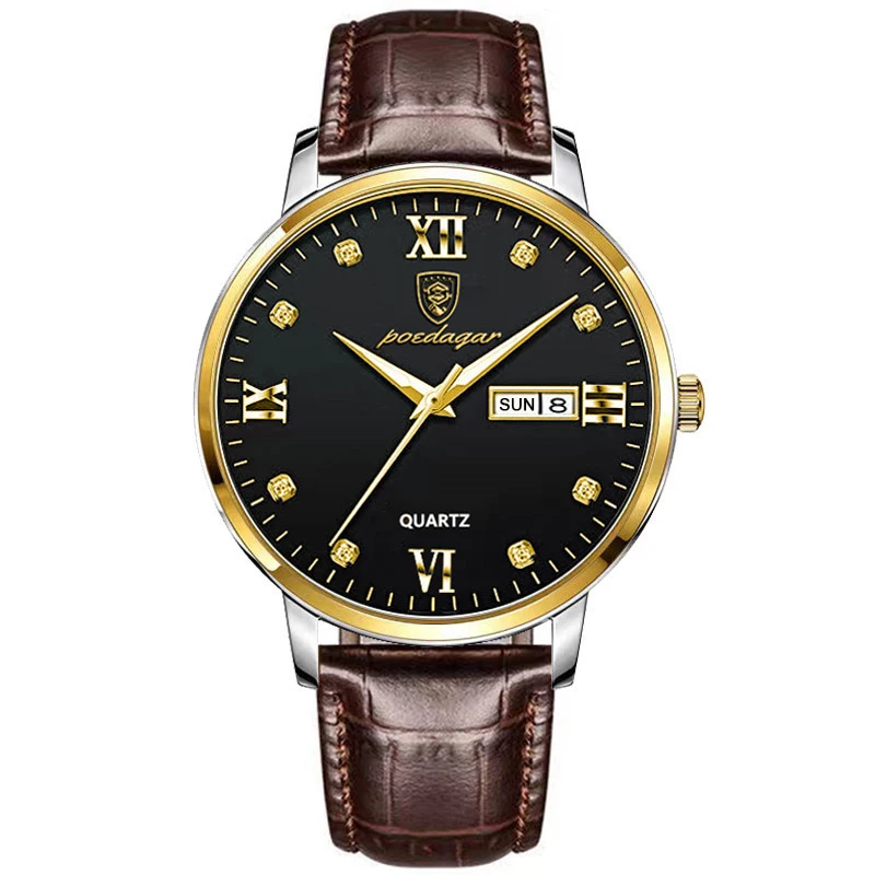 POEDAGAR Genuine Leather Strap Mens Watches Top Brand Luxury Waterproof Gold Quartz Watch Men Luminous Gifts Clock Calendar Week