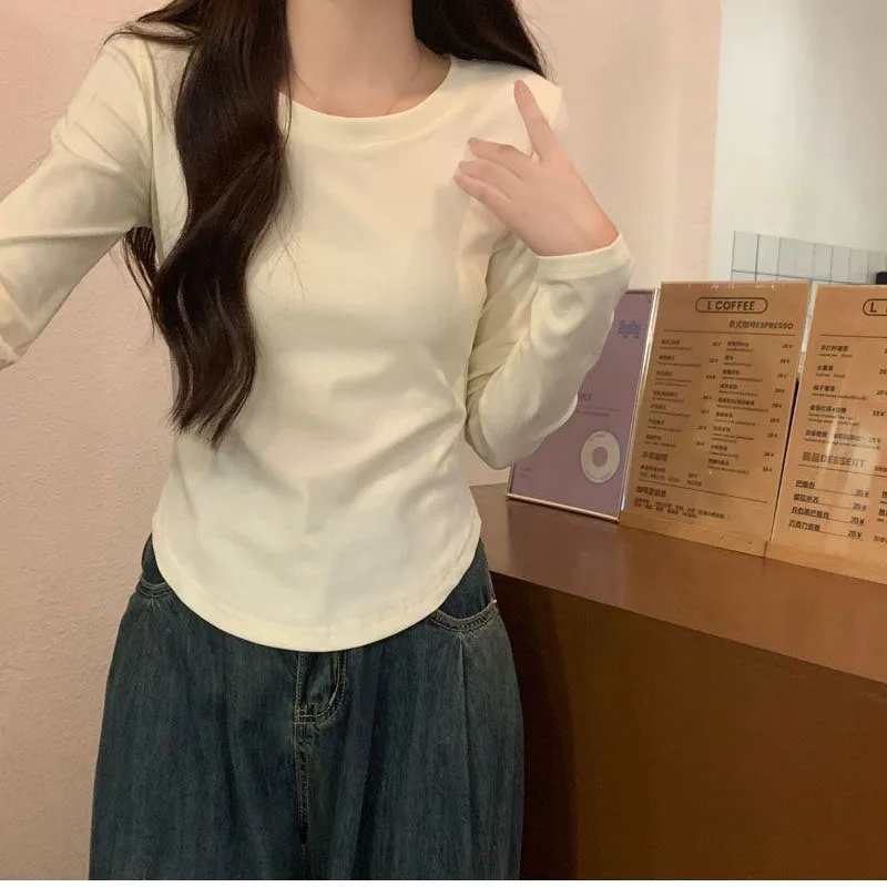 

Весенне-осенняя новая женская рубашка с круглым вырезом, короткая тонкая мягкая футболка с длинным рукавом, однотонная футболка Joker, тонкий тонкий топ