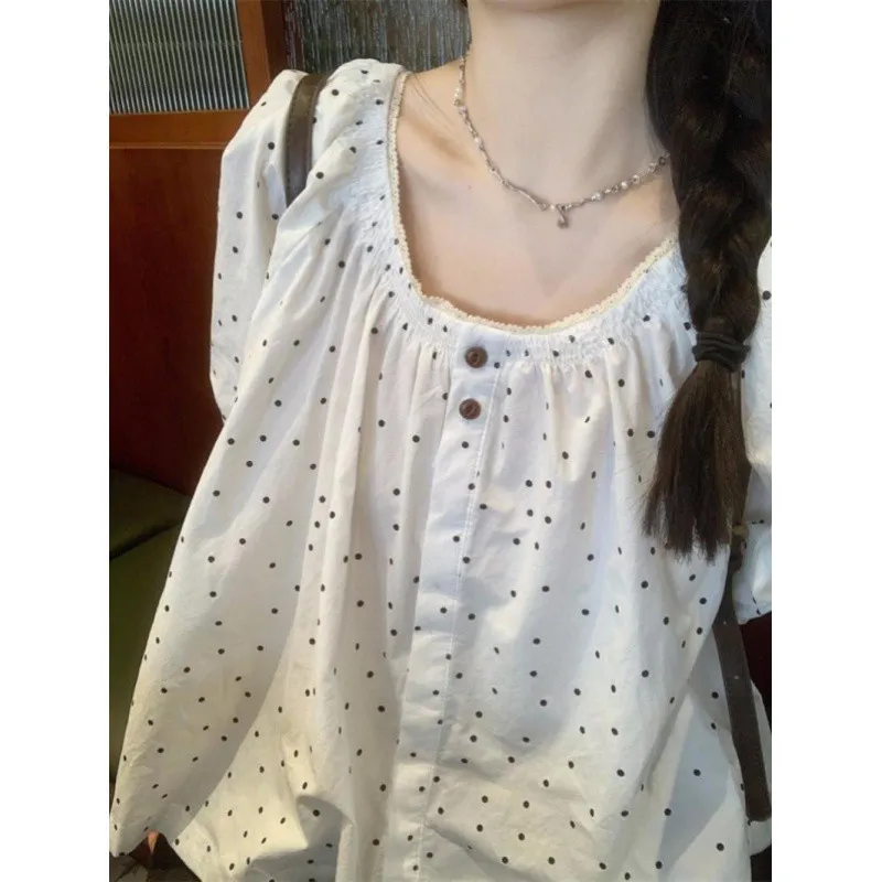 

Shirts Women Polka Dot Short Sleeve Loose Leisure Sweet Korean Style Trendy Retro Aesthetic Summer All-match Daily Age-reducing