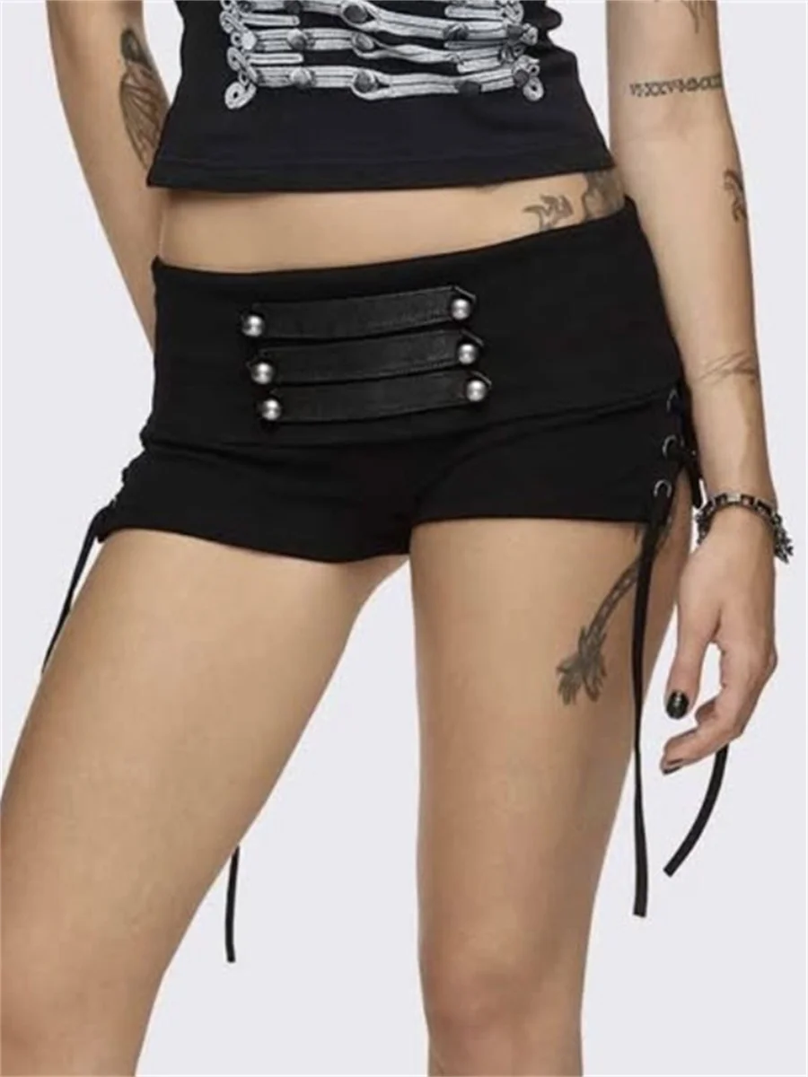 Nibber Patchwork Shirring Short Damen High Street Hottie Trend Nieten Metall Hohl Skinny Sexy Hottie Midnight Club Party Outfits – Detail 7