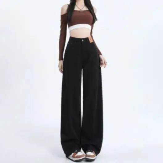 

High Waist Straight Leg Jeans Women's plus Size Black Slimming Trousers Drapey Floor-Length Wide Leg Pants Pear Shape Body