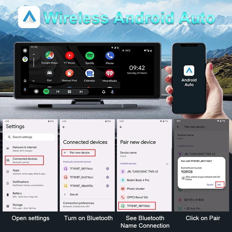 كاميرا لوحة القيادة 8.1 بوصة مع كاميرا خلفية، CarPlay وAndroid Auto، ملاحة GPS، مسجل فيديو للسيارات، مسجل فيديو ثنائي العدسة، FM، ومرآة مراقبة.