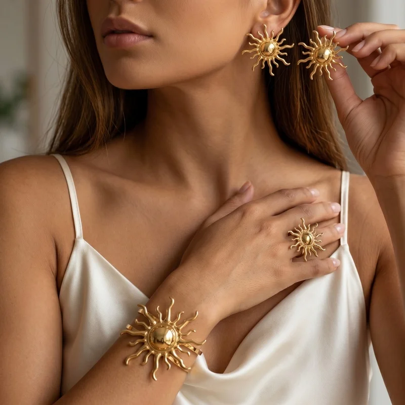 3 PCS Vintage Wavy Sun Ray Statement Jewelry Set Retro Gold Sunburst Earring Bracelet Ring Bohemian Trendy Accessory For Women