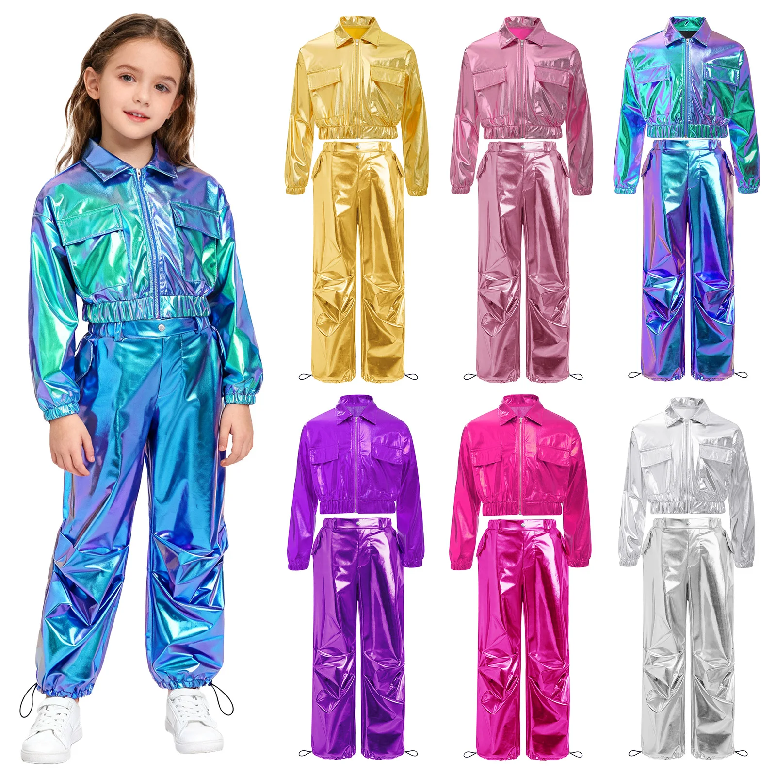 

Unisex Kids Boys Girls Hip-Hop Jazz Street Dance Outfit Long Sleeve Metallic Jacket with Shiny Cargo Pants for Stage Performance