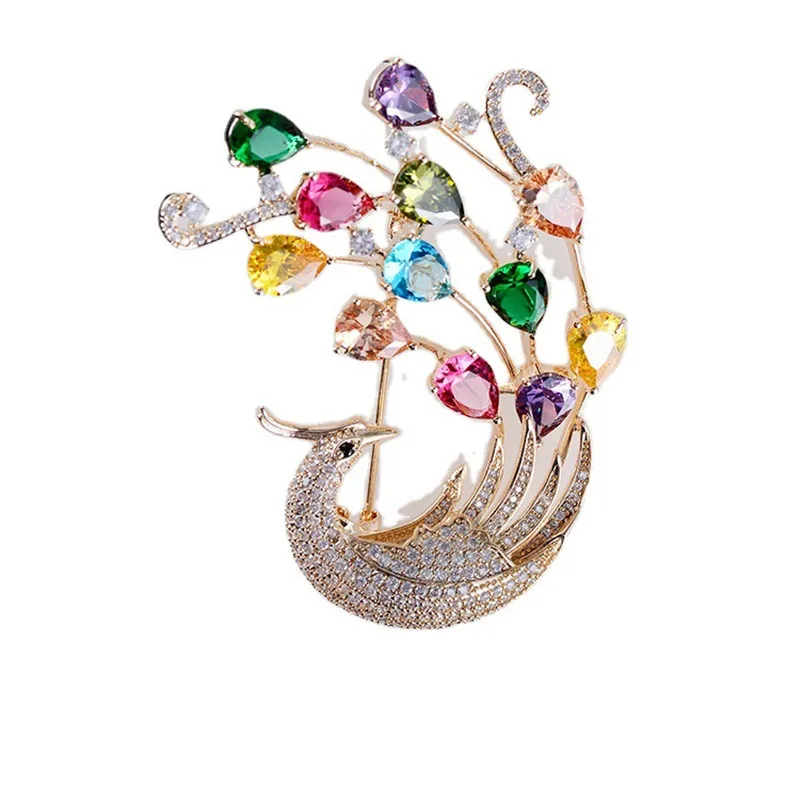 

FXLRY Hot Unique Design White /Gold Color Multi Cz Micro Pave Setting Phoenix Bird Animal Brooches women's jacket suit pin Jewel