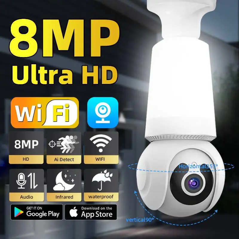 camera de vigilancia com lampada led rastreamento de seguranca inteligente audio bidirecional visao noturna wifi cctv cameras com zoom de 10x 8mp 4k e27 01