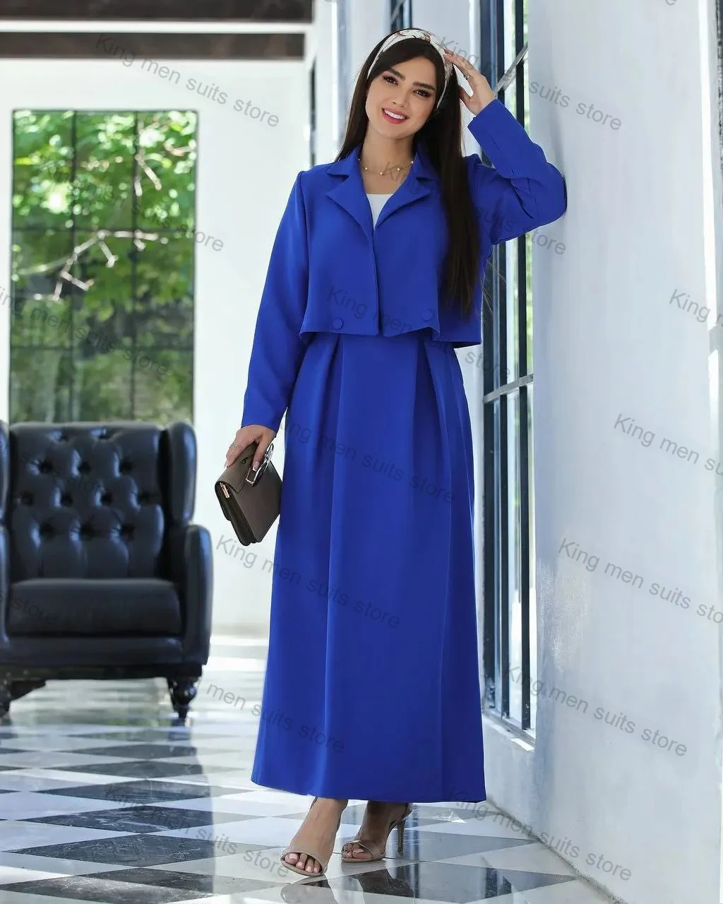 

Blue Women Suits Skirt Set Wedding 2 Piece Jacket+Prom Dress Formal Tuxedo Custom Size Full Sleeves Short Blazer Coat