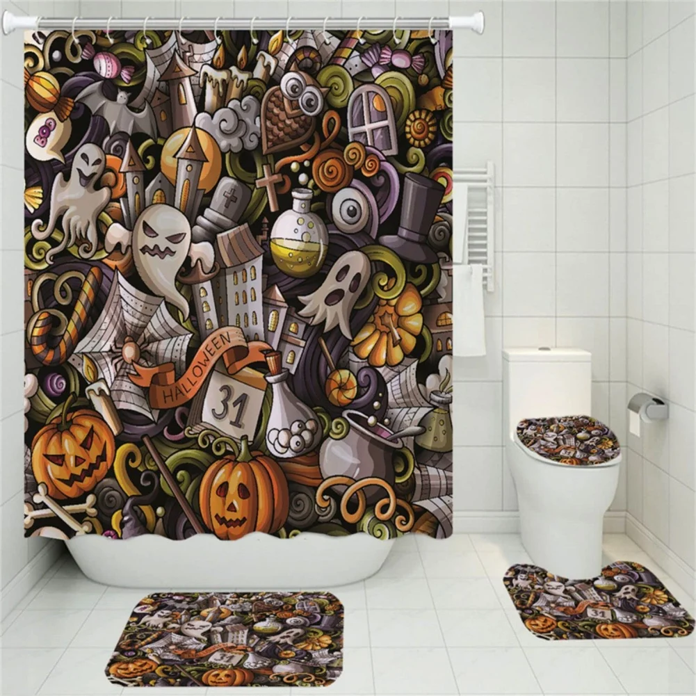 4pcs Halloween Printing Bathroom Accessories Set Waterproof Shower Curtain Non Slip Mat Toilet Cover Bathroom Decoration Kit