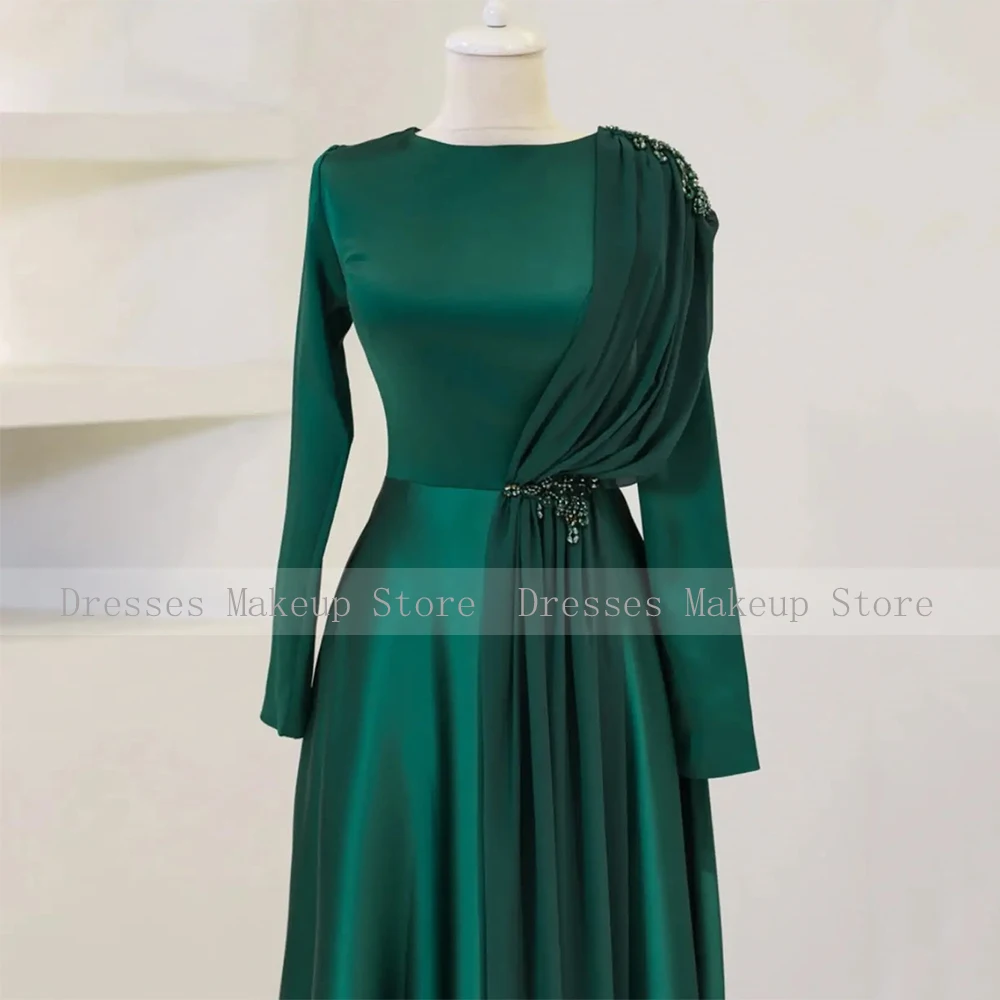 Modest Evening Dress Long Sleeves High Collar A Line Saudi Arabian Evening Gowns for Women 2025 Satin Beading Formal Party Dress