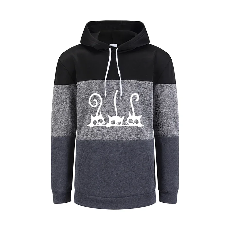 Bloco de cores das mulheres hoodies bonito gato impressão casual moletom esportes jogging topos casa quente conforto emenda roupas femininas