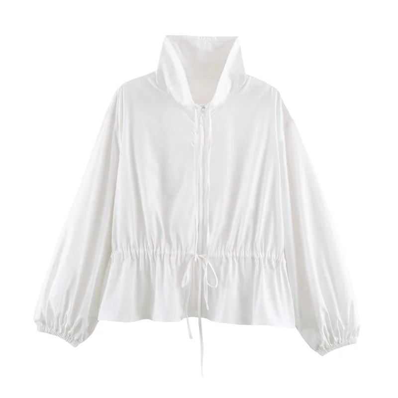 Women's Stand Collar Hooded Jacket, Zip Up Drawstring Waist Long Sleeve Crop Coat, Casual Relaxed Windbreaker
