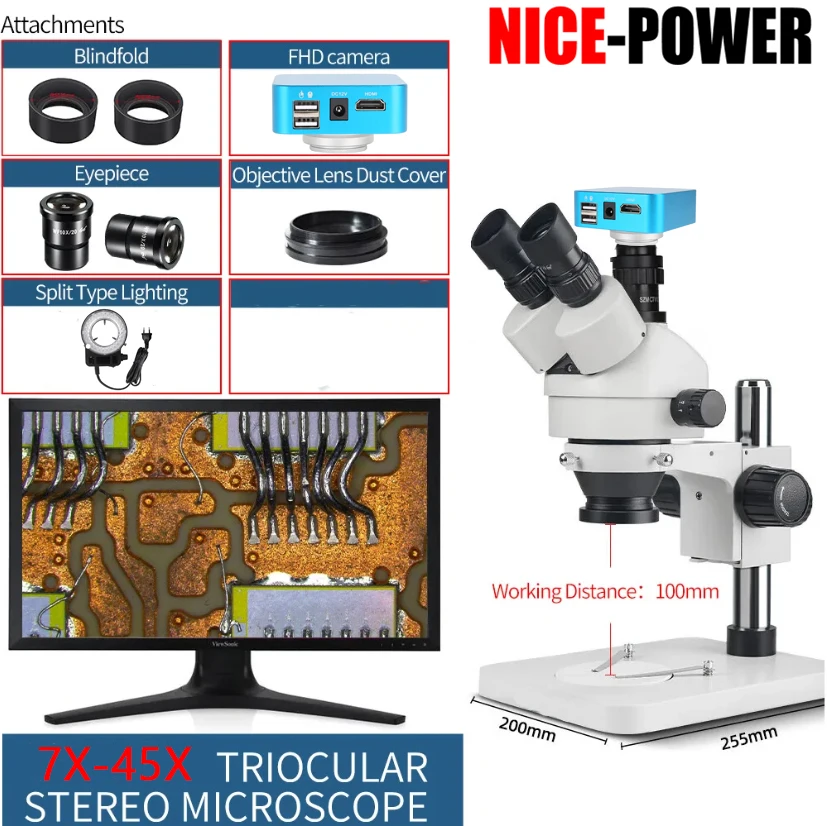 

Triocular Stereo Microscope HDMI Camera 7X-45X Glasses-Free 3D Effect Confocal Screen Repair IC CPU Phone Soldering PCB Repair