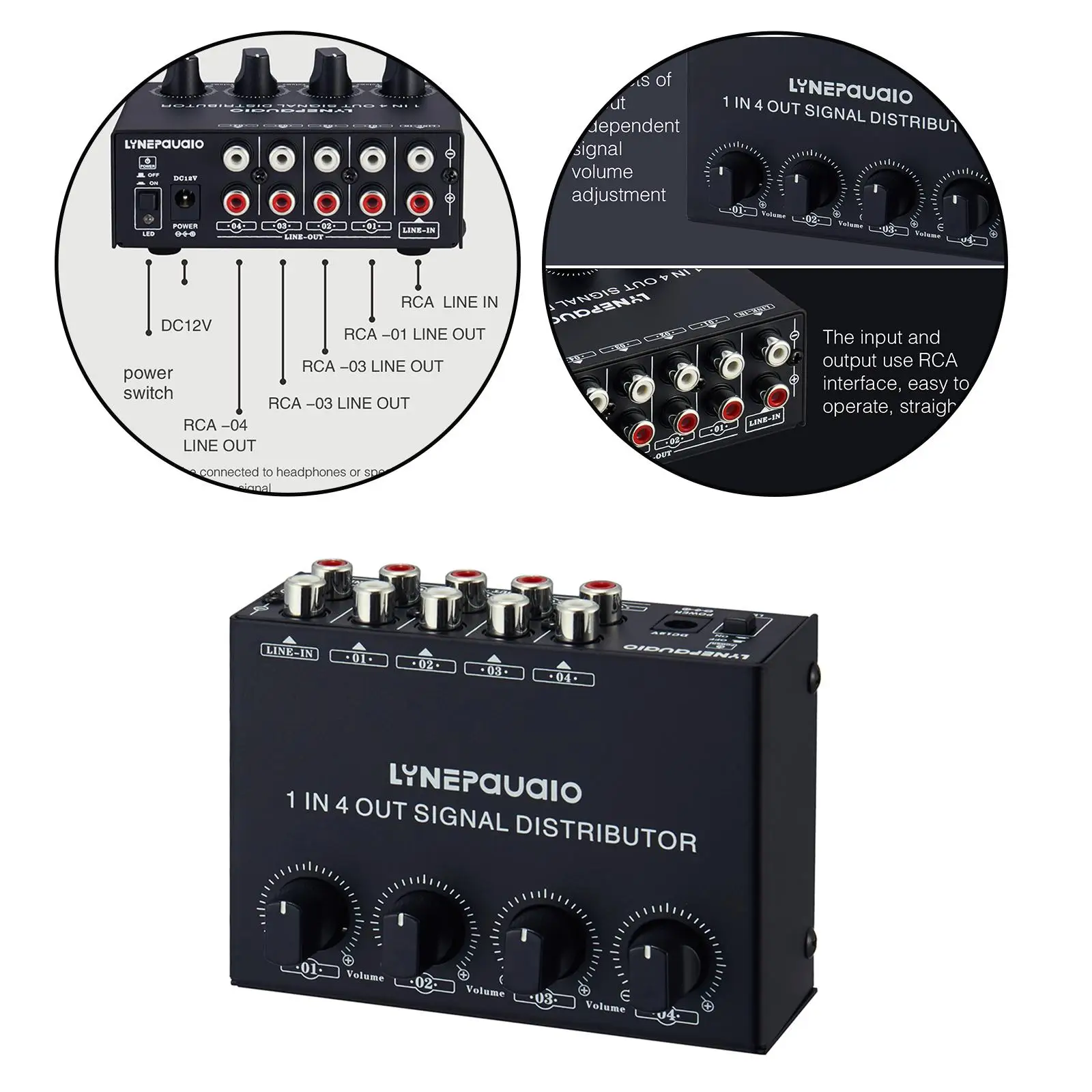 Wzmacniacz sygnału 1 wejście 4 wyjścia Rozdzielacz sygnału stereo Niezależna regulacja głośności wyjścia