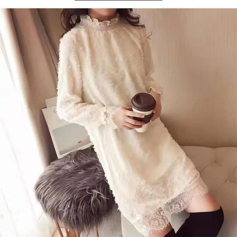 

Elegant Stand Collar Spliced Lace Princess Sleeve Mini Dress Women's Clothing 2023 Winter Loose All-match Warm Ladies Dresses