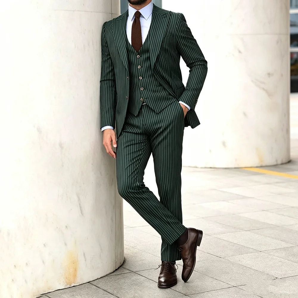 High Quality Green Stripe Wedding Men's Suits For Weddding Modern 3 Piece Jacket Vest Pants Customized Male Clothing Terno