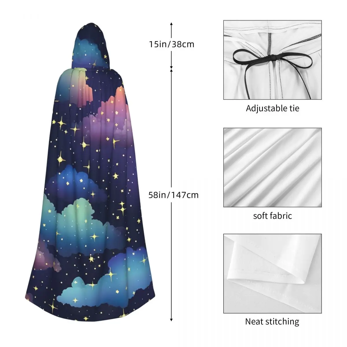 السماء الليلية الملونة مليئة بالنجوم اللامعة عباءة طويلة مقنعين الساحرة القرون الوسطى زي تأثيري كيب هالوين معطف الكبار للجنسين