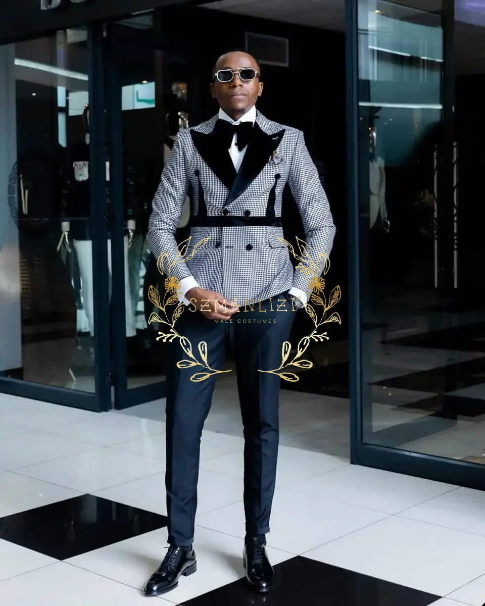 Latest Design Men's Suit Houndstooth Jacket Black Pants 2 Pieces Double Breasted Slim Fit Formal Wedding Tuxedos Evening Dress