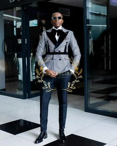 Costume pied-de-poule pour hommes, veste pantalon noir, 2 pièces, Double boutonnage, coupe cintrée, Tuxedos de mariage formel, robe de soirée, dernière conception