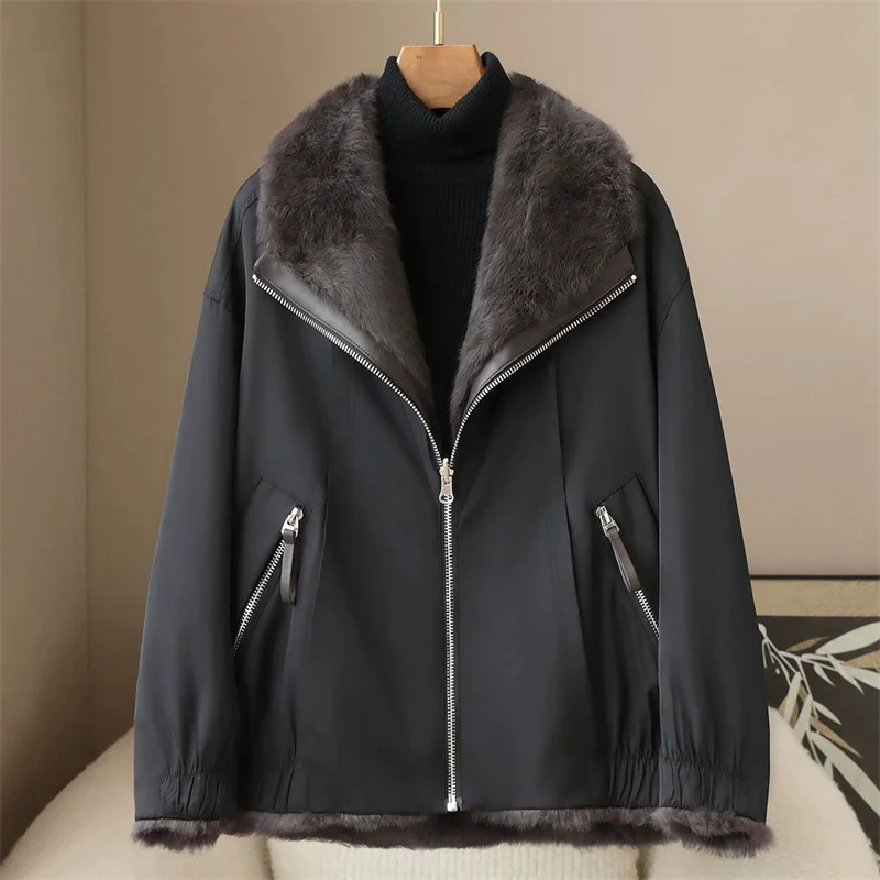 2025 High-quality Real Rabbit Hair Fur Parka Women's Autumn Winter Outdoor Coat Two-sided Wear Jacket Loose Outerwear Streetwear