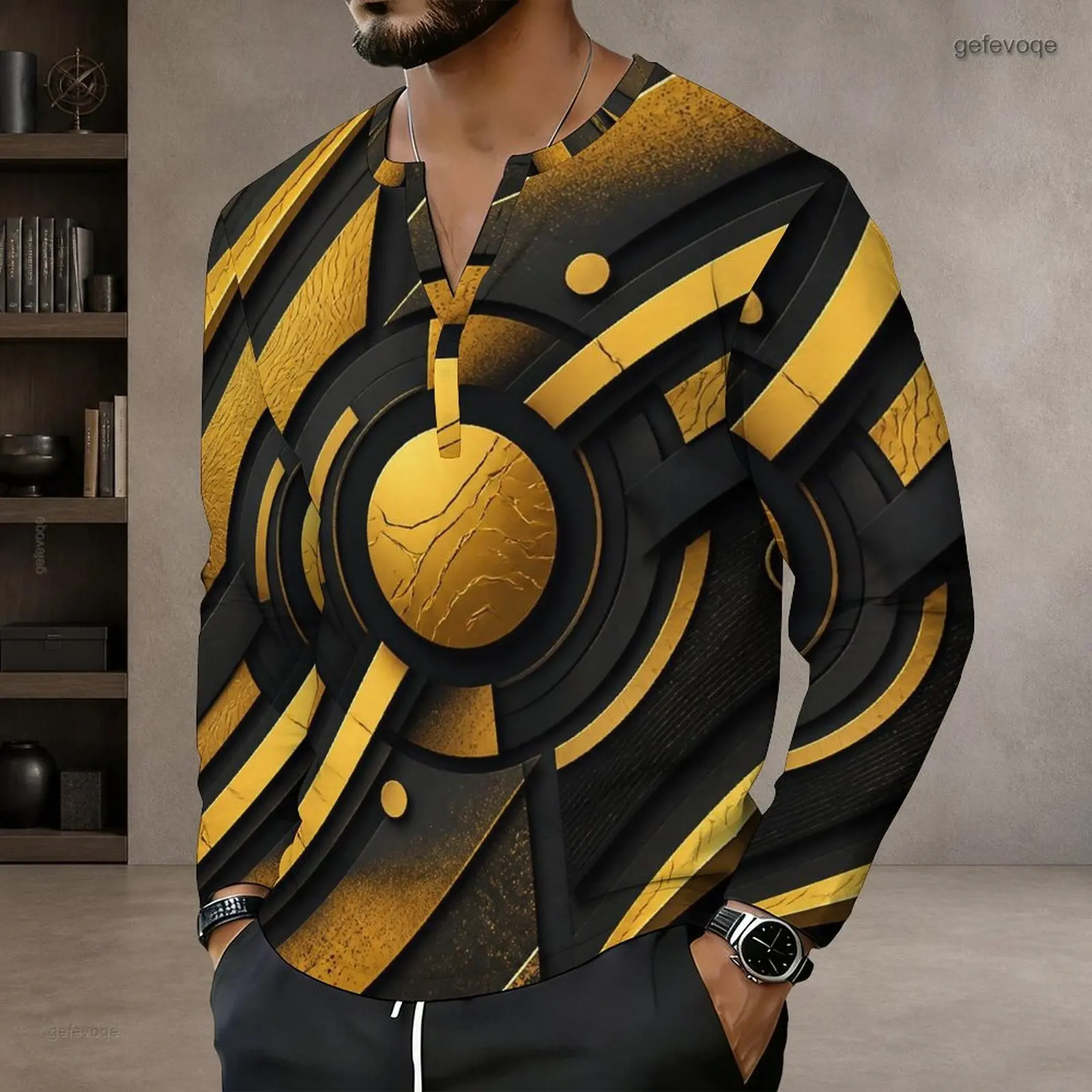 Printed Top for Men Notch Neck Long Sleeve Pullover Straight Hem