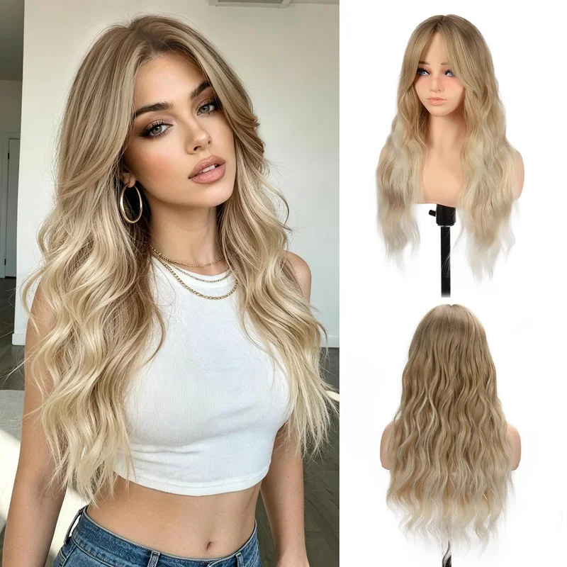 Long Dirty Blonde Wig with Bangs Wavy Dark Ombre Blonde Wig for Women 26 Inch...