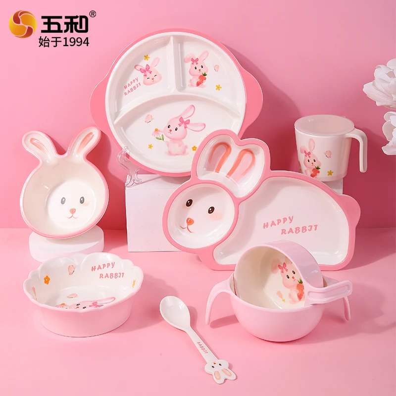 Vajilla de conejito rosa para niños, platos de cena de conejo bonito, tazón de complemento para bebé de calidad alimentaria, tazones de arroz de dibujos animados de Anime para niña