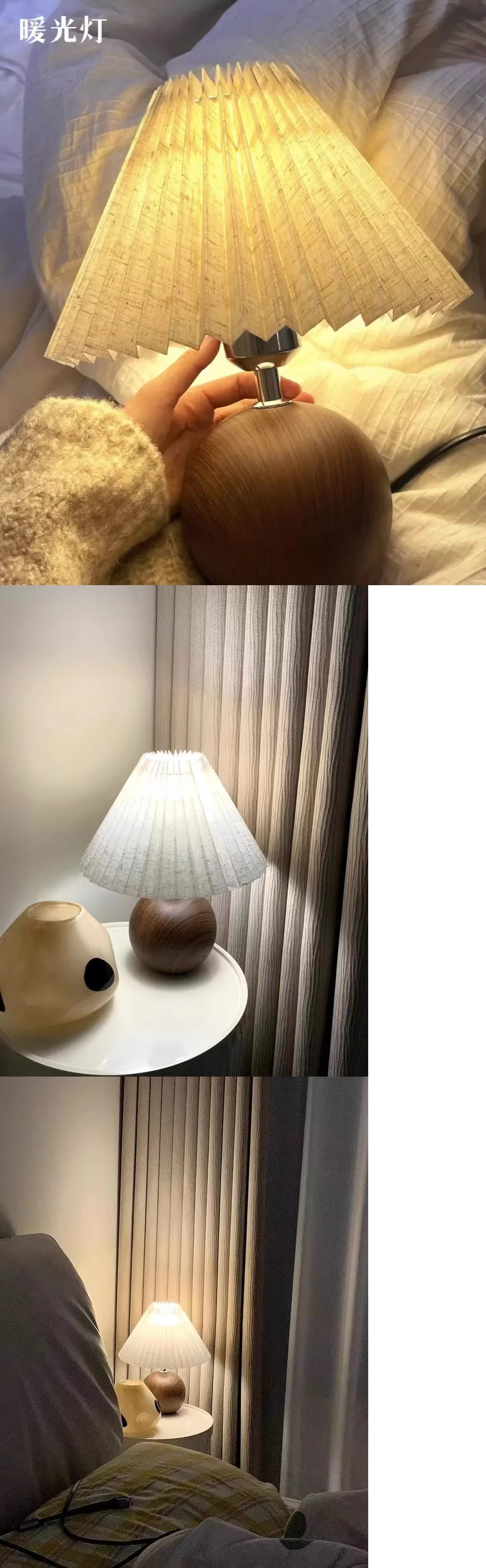 Nordic ins vento net luz vermelha high-end menina, lâmpada de cabeceira do quarto, lâmpada noturna, mesa plissada de nogueira